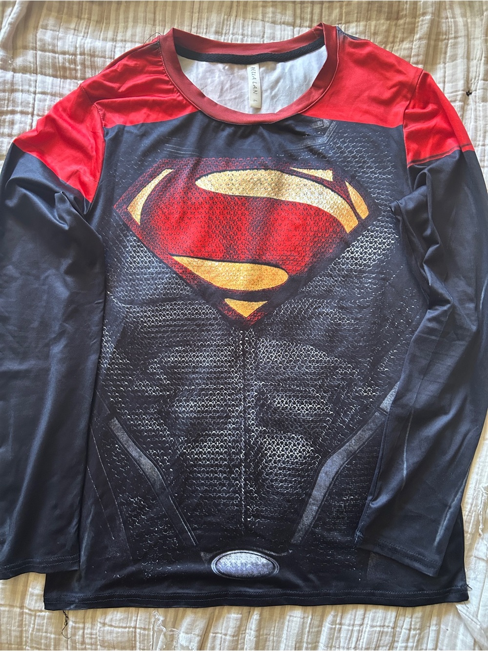 Superman Long-Sleeve Muscle or Workout T Shirt Red and Black